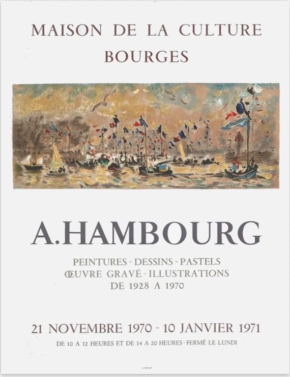 Plakat f&uuml;r eine Ausstellung von A. Hambourg mit maritimer Szene, Segelbooten und Flaggen, datiert 1970-1971.