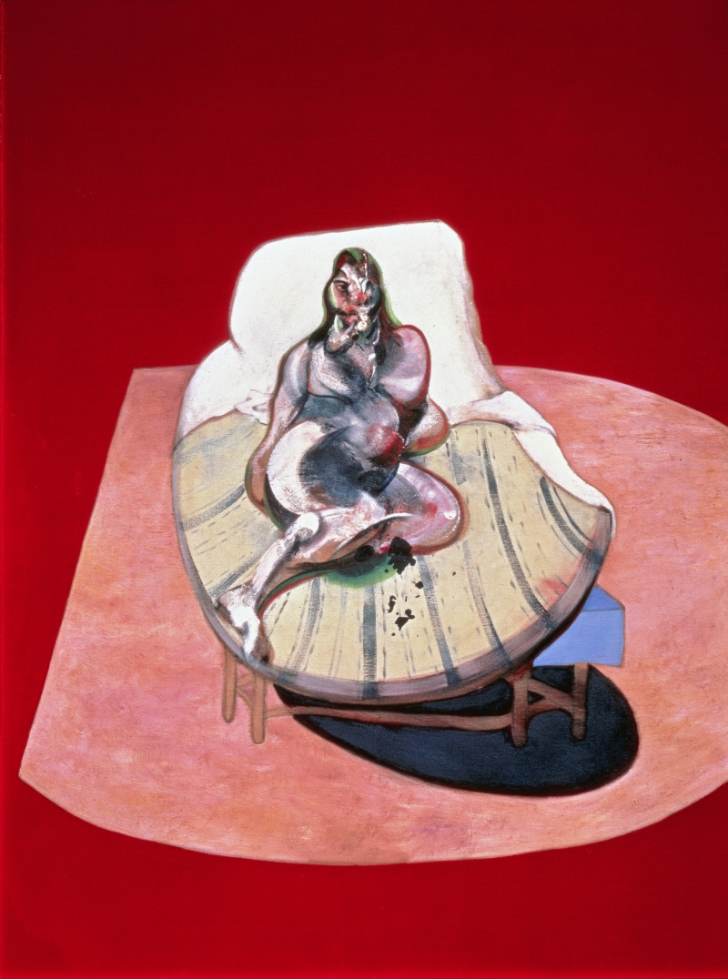 The painting shows a woman lying on a mattress.
The woman's name is Henrietta Moraes. She is depicted half-naked.
Her body is painted distorted, with heavy brushstrokes and many shapes.

The mattress is oval and lies on a light pink floor.
The background is intensely red and completely flat - without any further details.

The painting is by Francis Bacon, who often works with strong colors, deformations and emotions.
It is dramatic, intense and full of tension.