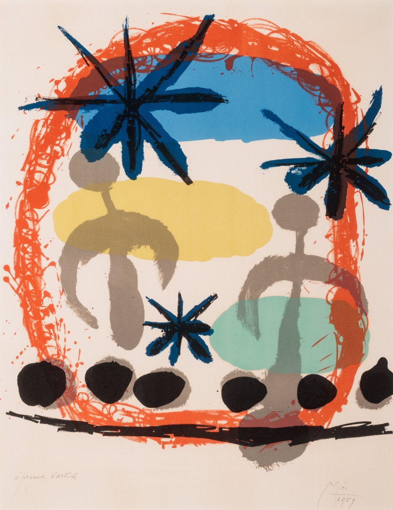 Abstract artwork featuring colorful shapes, including figures, stars, and circular forms in blue, yellow, gray, and red.
