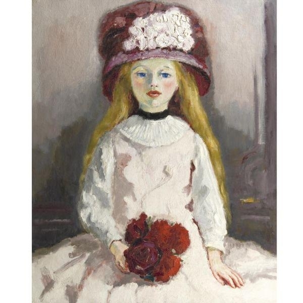 A young girl with long blonde hair wears a large, flower-adorned hat and holds red roses, dressed in a white gown.
