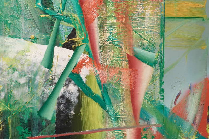 The painting shows many colored areas and lines.
The main colors are green, red, yellow and blue.
The colors are applied on top of each other and are partially blurred or scratched.
Individual shapes look like stripes or brushstrokes.

The picture was painted by the artist Gerhard Richter.
It is an abstract painting, which means:
It does not show any recognizable objects or people,
but consists of colors and shapes.