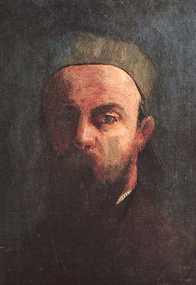 Selbstportr&auml;t von Odilon Redon mit Bart und M&uuml;tze, dunkler Hintergrund, ausdrucksstarker Blick.
