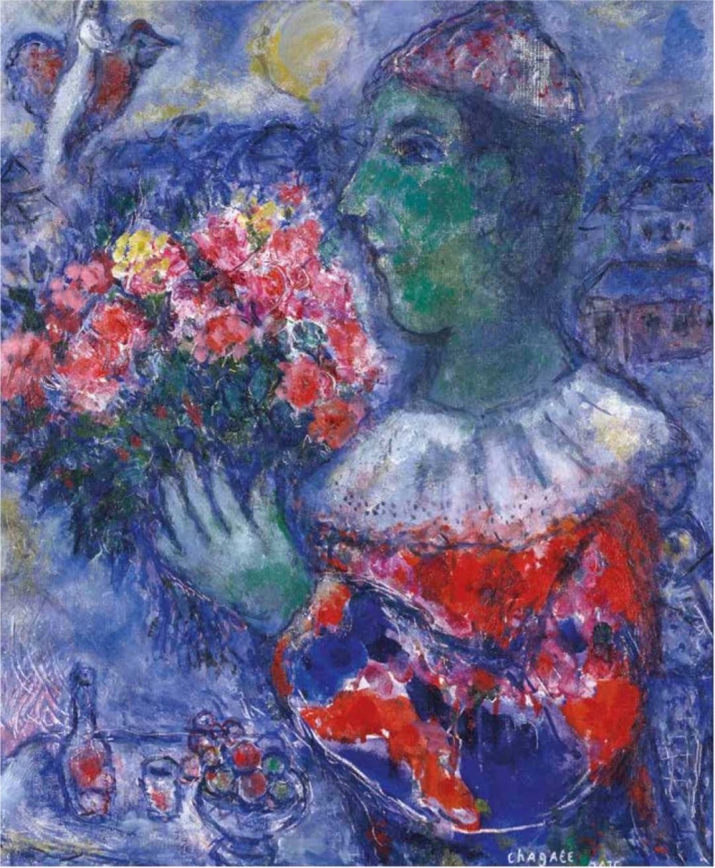 A green-faced figure holds a bouquet of colorful flowers, with a blue background featuring a sun and a bird.