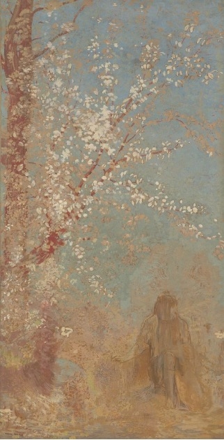 Bl&uuml;hender Baum mit wei&szlig;en Bl&uuml;ten vor blauem Himmel, im Vordergrund eine sitzende, nachdenkliche Figur.