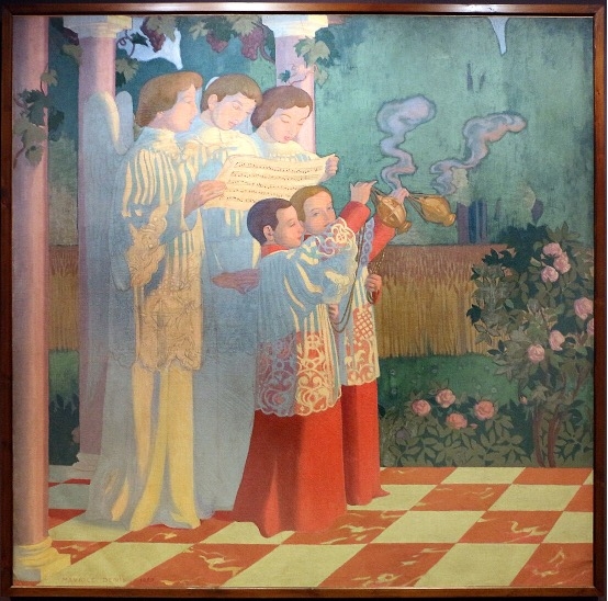 Engel und Knaben in liturgischen Gew&auml;ndern, die eine Zeremonie mit Rauch und Musiknoten in einem Garten durchf&uuml;hren.