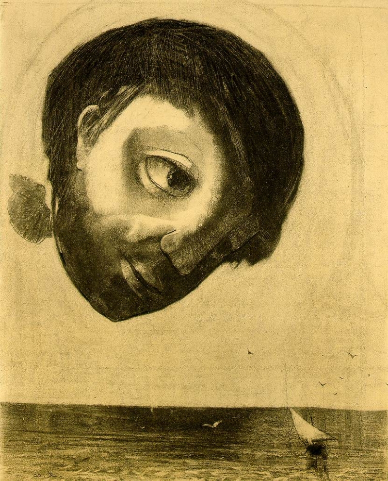 Gesicht mit großen Augen schwebt über einem ruhigen Meer, im Hintergrund ein kleines Segelboot und fliegende Vögel.