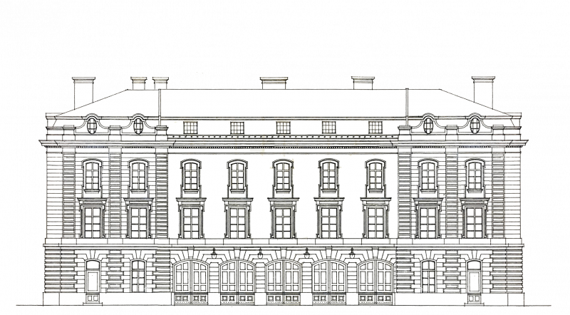 The fa&ccedil;ade of the 1914 archducal chancellery building in Hanuschgasse can be seen. The building is clearly divided into three storeys. On the first floor there are large arched windows arranged in a regular rhythm. This is followed by two further floors with regularly spaced rectangular windows.