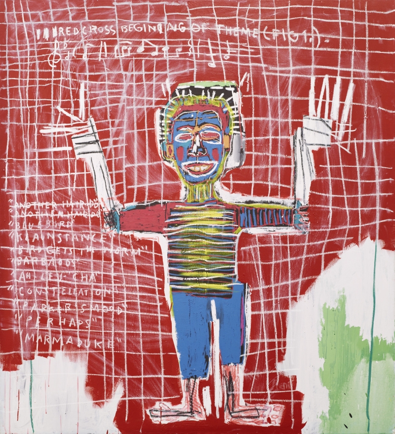 The picture shows a colorful figure with raised arms.
It stands in front of a red background with white lines that look like a grid or a sheet of music.
The figure is painted in bold colors:
the head is blue, the shirt is striped, the pants are blue.
The face looks strong, loud and lively, like a mask or a cartoon head.
At the top of the picture is written in white:
“Red Cross Beginning of Theme (Fig. 1.)” -
There are lines of music and many words.
On the left are the titles of jazz pieces by the musician Charlie Parker.
The artwork combines music, street art and personal feelings.
Basquiat has depicted his roots, his role models and his view of the world here.
You can recognize influences from pop art, graffiti, neo-expressionism and Haitian culture.
It is a homage to life in New York, loud, wild, creative.