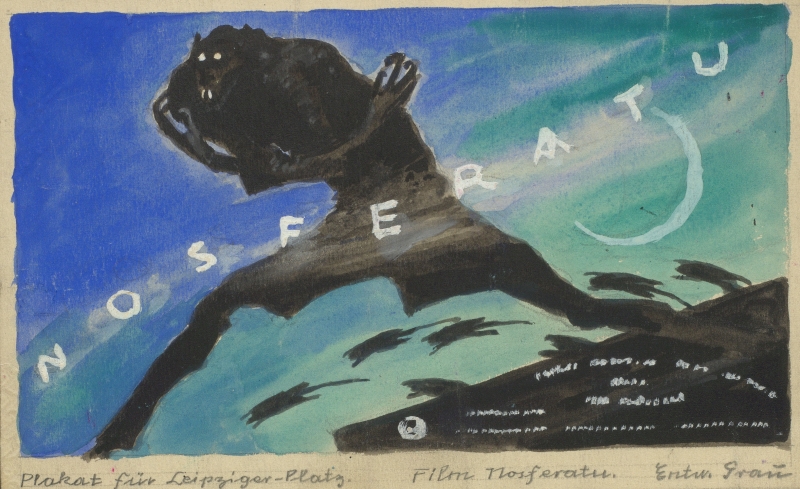 Poster Design for “Nosferatu” by Albin Grau, 1922

This image shows a design for a movie poster for the silent film Nosferatu.

In the center, there is a large black figure. It has a hunched back, long arms, and is walking with big steps from left to right. The figure is painted almost completely in black.

The background has blue and green colors. The sky is dark blue, the ground is turquoise. Across the image, the word NOSFERATU is written in white letters.

At the bottom right, there is a crescent moon and rats jumping.

Along the lower edge, handwritten text says in german:
“Poster for Leipziger-Platz. Film Nosferatu. Design by Grau”
