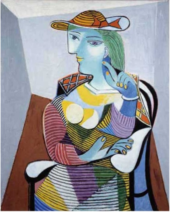 A woman with blue skin and green hair, wearing a hat, poses thoughtfully in a colorful, abstract style.