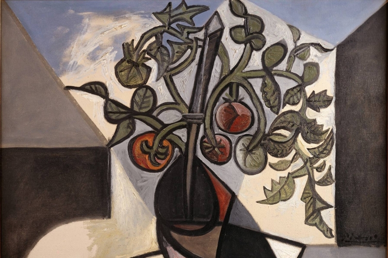 Vase mit Tomatenpflanze, rote und gr&uuml;ne Fr&uuml;chte, abstrakte Formen, helle und dunkle Farbt&ouml;ne.