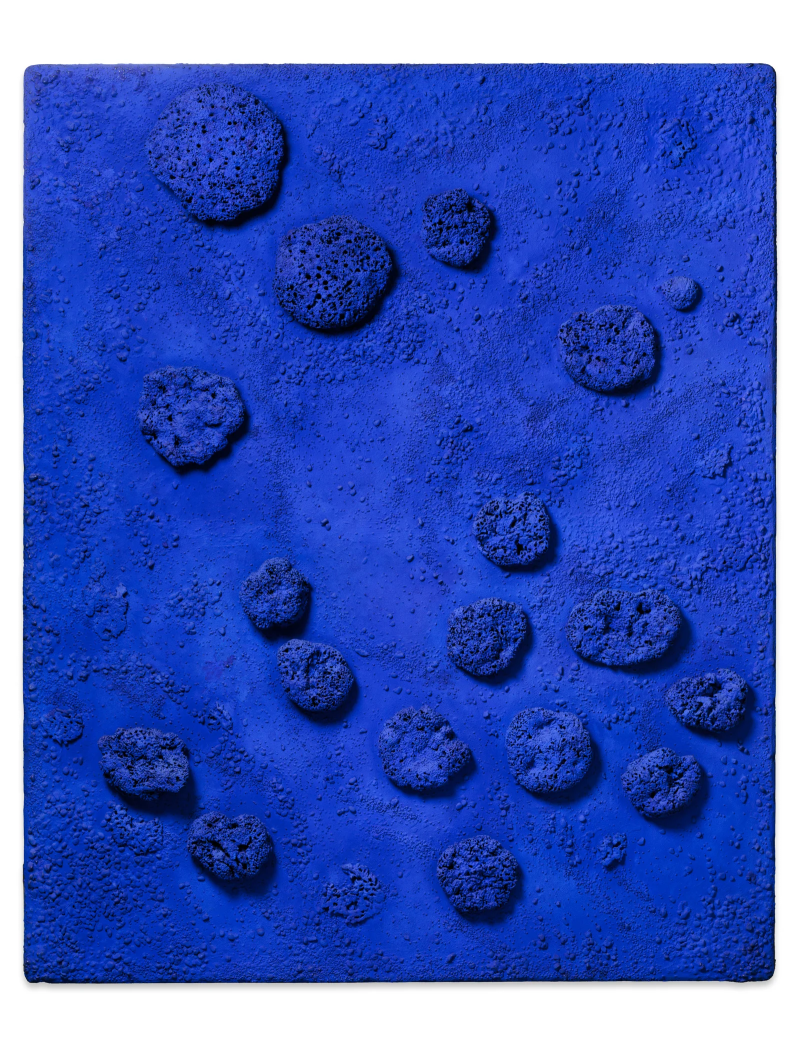 Das Kunstwerk ist ein rechteckiges Relief &ndash; also eine Art Bild mit dreidimensionalen Formen. Es ist ganz in intensivem Ultramarinblau gehalten, einer Farbe, die Yves Klein ber&uuml;hmt gemacht hat. Diese Farbe wirkt leuchtend, tief und fast k&ouml;rperlich &ndash; als w&uuml;rde sie Licht in sich aufnehmen.

Auf der Fl&auml;che sind echte Naturschw&auml;mme und kleine Kieselsteine befestigt. Sie sind unregelm&auml;&szlig;ig verteilt und ragen aus der Oberfl&auml;che heraus. Manche sind rundlich, andere eher flach oder por&ouml;s. Die Schw&auml;mme werfen feine Schatten, je nach Lichteinfall &ndash; das gibt dem Werk eine lebendige, bewegte Struktur.

Die Fl&auml;che selbst ist nicht glatt, sondern leicht k&ouml;rnig und rau. Auch dort sieht man kleinere Erhebungen, die wirken, als h&auml;tte sich die Farbe nat&uuml;rlich &uuml;ber den Untergrund gelegt, wie Sand, der sich am Meeresboden sammelt.

Die Schw&auml;mme sind vollst&auml;ndig mit Yves Kleins spezieller blauer Farbe getr&auml;nkt &ndash; sie sehen fast wie kleine Himmelsk&ouml;rper oder Tiefseetiere aus. Obwohl das Werk keine Figur zeigt, wirkt es organisch und lebendig.