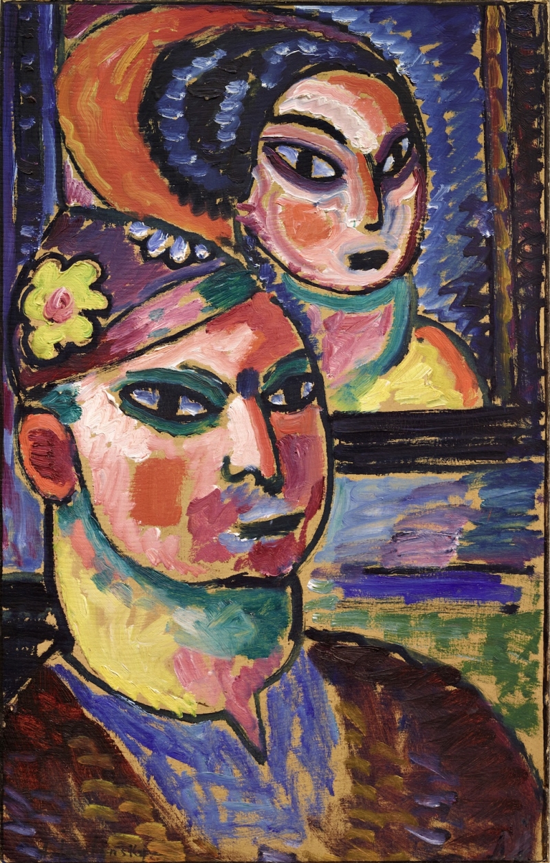 Das expressionistische Gem&auml;lde zeigt zwei stilisierte Portr&auml;ts: Im Vordergrund ist ein m&auml;nnliches Gesicht mit stark betonten schwarzen Augen, roten und rosafarbenen Wangen sowie gr&uuml;n-blauen und gelben Farbfl&auml;chen zu sehen. Die Konturen des Gesichts sind dick und schwarz umrissen. Der Blick ist ernst und geradeaus gerichtet. Auf dem Kopf tr&auml;gt die Figur eine Kappe mit einer gelben Blume an der Seite.

Im Hintergrund ist ein zweites Gesicht &ndash; vermutlich eine Frau &ndash; in einem rechteckigen Rahmen dargestellt, als s&auml;he man ein Bild im Bild oder eine Spiegelung. Auch ihr Gesicht ist fl&auml;chig und expressiv mit kr&auml;ftigen Farben gemalt: rosa, orange, gr&uuml;n und blau dominieren. Beide Figuren haben gro&szlig;e mandelf&ouml;rmige Augen mit dunklen Umrandungen. Der Hintergrund ist farbintensiv und lebendig &ndash; mit Pinselstrichen in Blau, Violett und Goldocker.

Die Malweise ist energisch, mit sichtbaren Pinselz&uuml;gen und kontrastreichen Farbfl&auml;chen. Die Darstellung wirkt bewusst unnat&uuml;rlich, symbolisch und emotional aufgeladen &ndash; typisch f&uuml;r den Expressionismus um 1912.