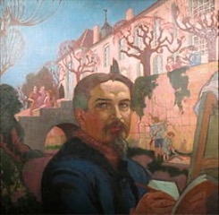 Selbstportr&auml;t eines Malers vor einem Kloster, umgeben von B&auml;umen und Figuren in einer farbenfrohen Landschaft.