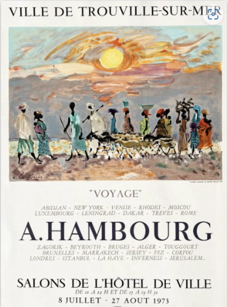 Colorful poster featuring people by the sea at sunset, promoting Andr&eacute; Hambourg's "Voyage" exhibition in Trouville-sur-Mer.