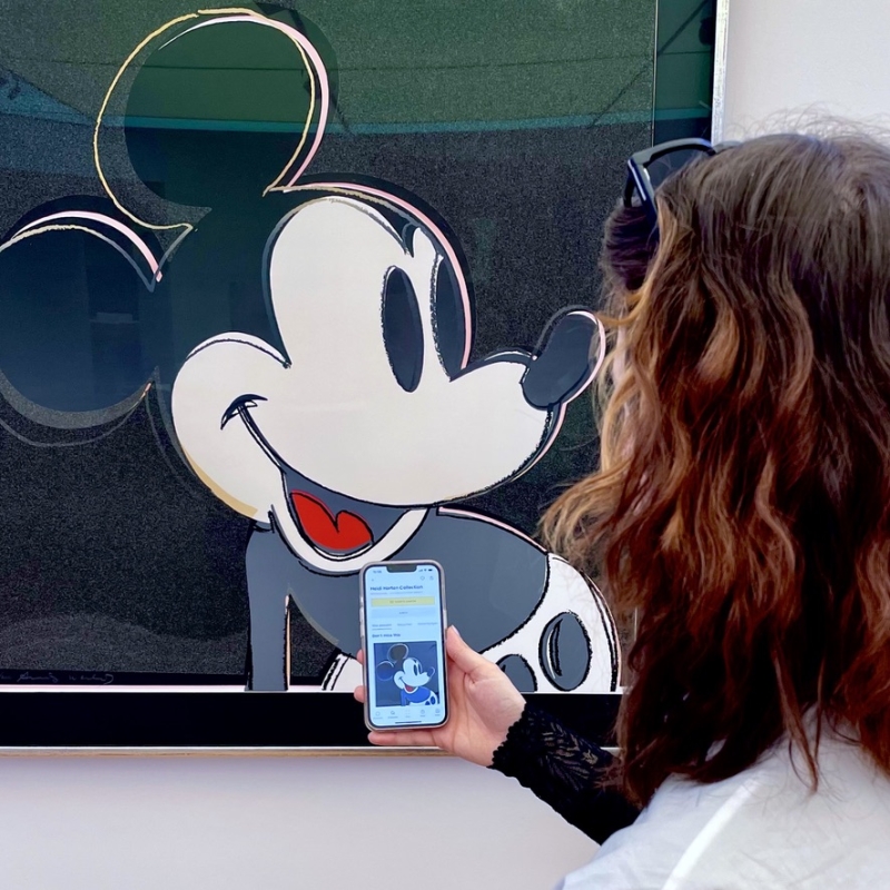 The photo shows a woman from behind,
looking at a work of art by Andy Warhol.
Mickey Mouse is in the picture.

The woman is holding a smartphone.
The Smartify app is open on it - an audio guide that provides information about works of art.
You can see that she has opened the exact picture on her cell phone that is also hanging on the wall in front of her.

The photo shows how digital media in museums can help
learn more about art - simply and directly on your own cell phone.