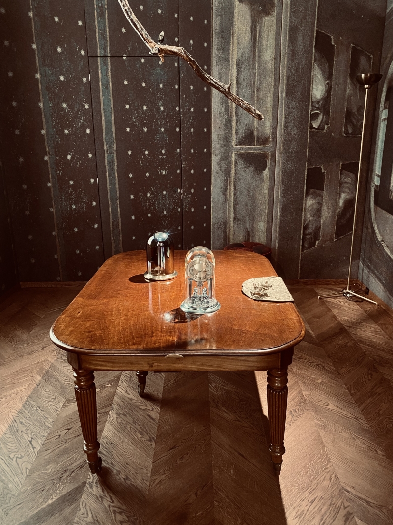 Holztisch mit Glasglocken, einer Serviette und einem Ast an der Wand, umgeben von dunklem, künstlerischem Hintergrund.