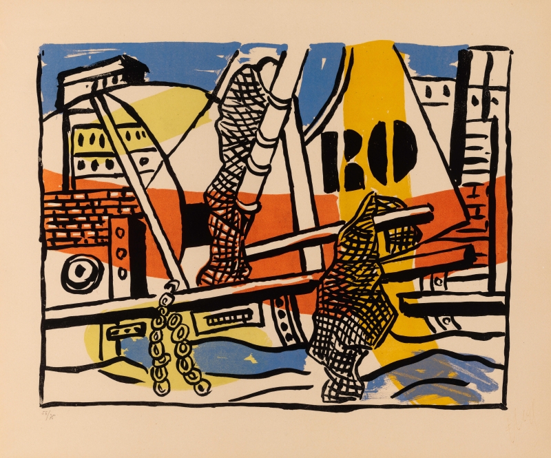 Abstract composition featuring geometric shapes, bold colors, and stylized figures, evoking a maritime theme.