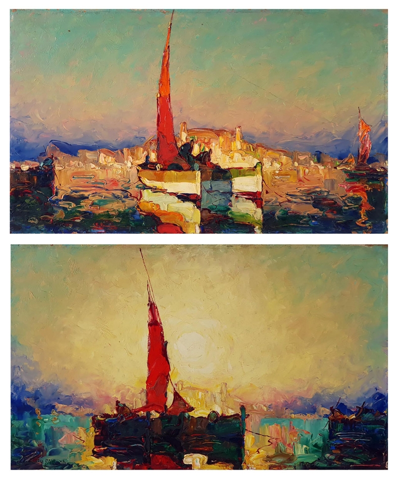 Zwei impressionistische Landschaften mit Segelbooten, leuchtenden Farben und sanften Himmelst&ouml;nen.