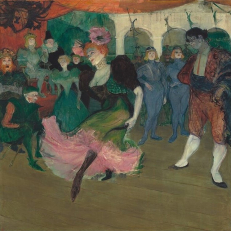 Mademoiselle Marcelle Lender tanzt im Bolero, umgeben von Zuschauern in bunten Kost&uuml;men und einem festlichen Ambiente.