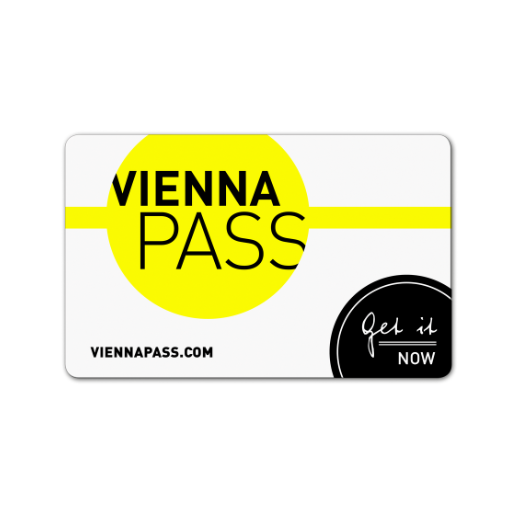 Yellow circle with "VIENNA PASS" text, black "get it NOW" in a circle, and website "VIENNAPASS.COM" at the bottom.
