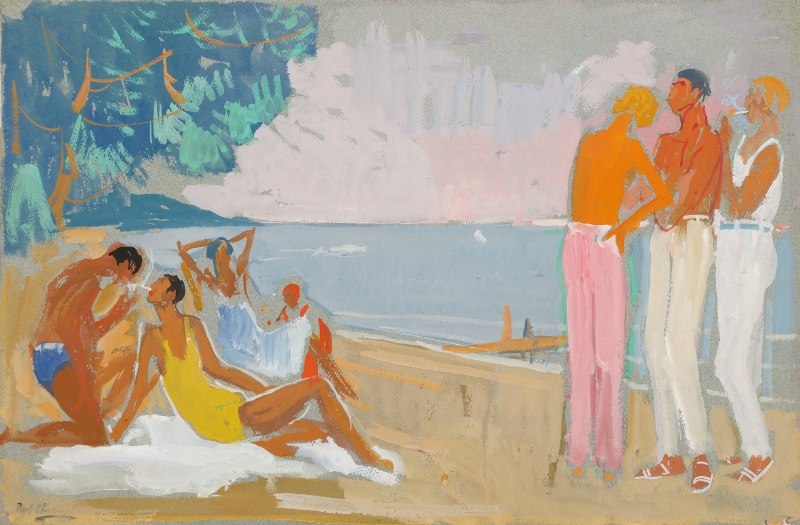 Badeg&auml;ste entspannen am Strand, einige im Wasser, andere im Gespr&auml;ch, umgeben von B&auml;umen und einem hellen Himmel.