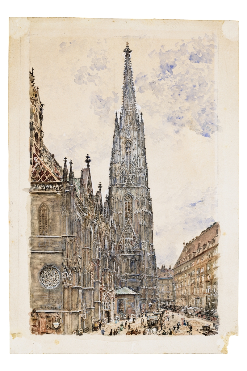 In the picture, we see St. Stephen’s Cathedral in Vienna.
It is not a photo, but a painting made with watercolors.
This kind of painting is called a watercolor. The artist’s name is Rudolf von Alt.

In the middle, you can see the tall tower of the cathedral.
It is very high and pointed.
On the left is the church, on the right are buildings.
At the bottom, on the square, there are many people.
It is probably showing the Corpus Christi procession.

The sky is bright, with a bit of blue and grey.