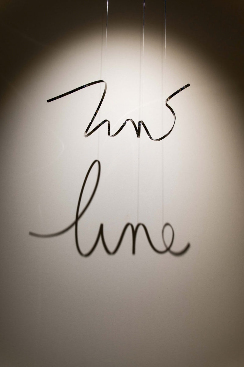 The artwork consists of thin, black wire that hangs in a seemingly illegible, free-form line in the room. The wire is lowered from the ceiling on several thin threads and floats in front of a brightly lit wall. At first glance, the shape of the wire looks like an abstract drawing in the air. It is only through the shadows cast by the targeted lighting that a legible word becomes visible on the wall: “line”.

The wires themselves appear to be chaotically shaped when viewed from above, but in the shadows they form a surprisingly precise and clear message.