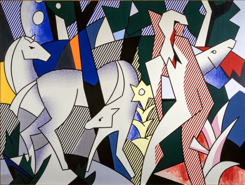 Pop-Art Gemälde mit weißen Pferden in einem bunten Wald