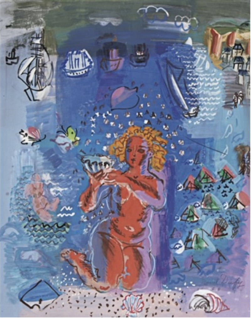 Nackte Figur mit blonden Locken h&auml;lt eine Muschel, umgeben von Wasser, Booten und bunten Zeltformen.