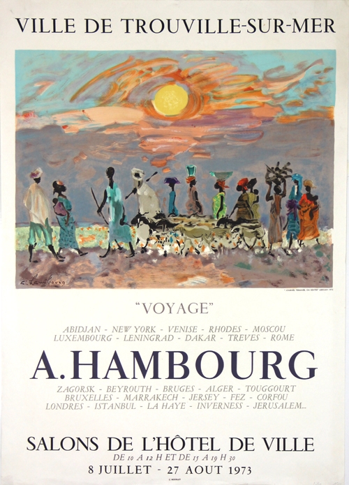 Bunte Plakatillustration mit Menschen am Strand, Sonnenuntergang und St&auml;dtenamen, darunter Trouville-sur-Mer und A. Hambourg.