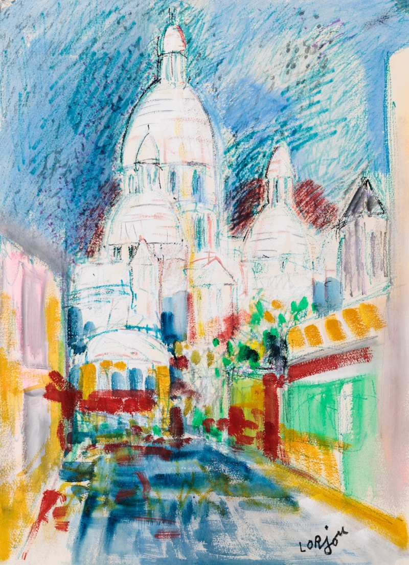 Bunte Pastellzeichnung einer Stra&szlig;e mit der Sacr&eacute;-C&oelig;ur-Kirche im Hintergrund und lebhaften Farben.