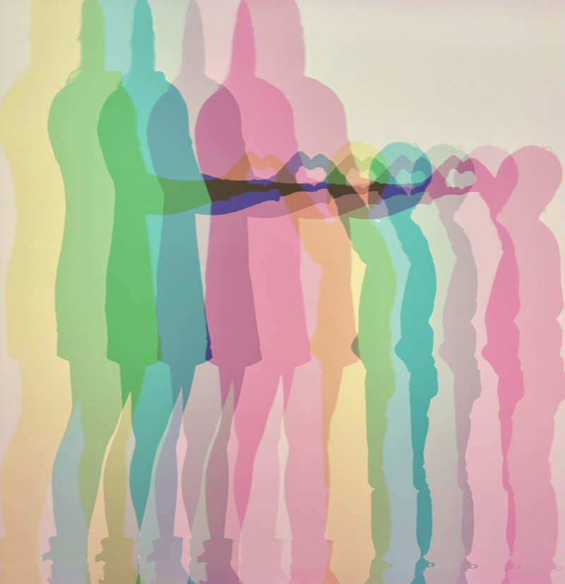 Colorful overlapping silhouettes forming a heart shape against a light background, creating a vibrant, abstract effect.