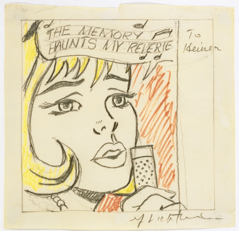 The picture shows a woman drawn from close up, looking thoughtfully to the side. She has large eyes with long eyelashes, blonde hair with black contours and slightly parted lips. In the lower right half of the picture, she is holding a microphone in front of her mouth, suggesting that she is singing or speaking. Above her head, in the upper third of the picture, a text can be read in capital letters in a speech bubble: “THE MEMORY HAUNTS MY REVERIE” (German: “Die Erinnerung verfolgt meine Träumerei”). The writing is framed by small music symbols, which emphasizes the musical character of the scene. To the right of the face is the handwritten inscription: “To Ileana”. Below this is Roy Lichtenstein's signature.

The drawing is colored in black with accents in yellow, red and a touch of pink.