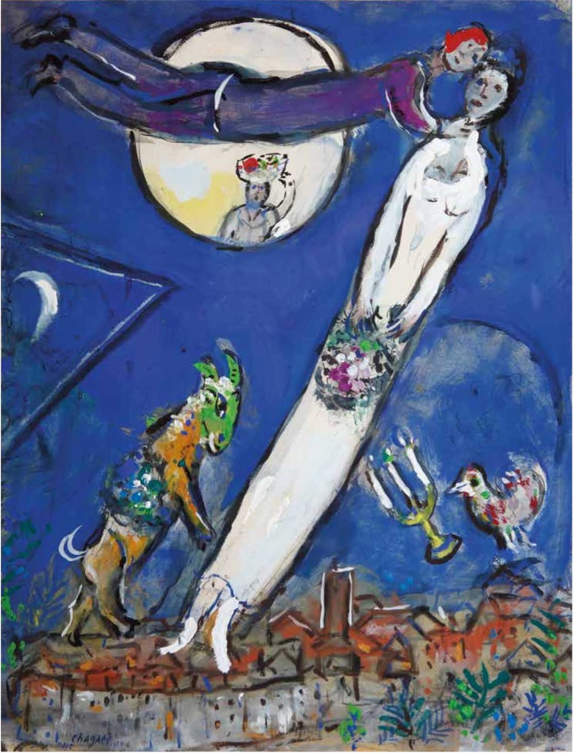 Fliegende Figuren &uuml;ber einer Stadt, umgeben von Tieren und einer gro&szlig;en, runden Mondscheibe. Farbige, expressive Malerei.