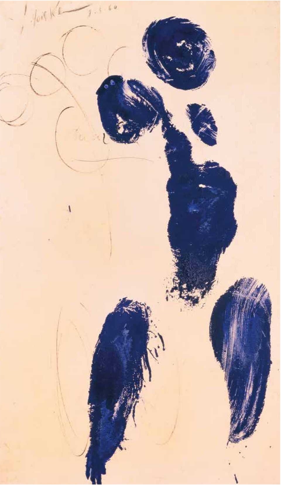Abstract figure in deep blue paint on a light background, suggesting a human form with circular shapes and strokes.