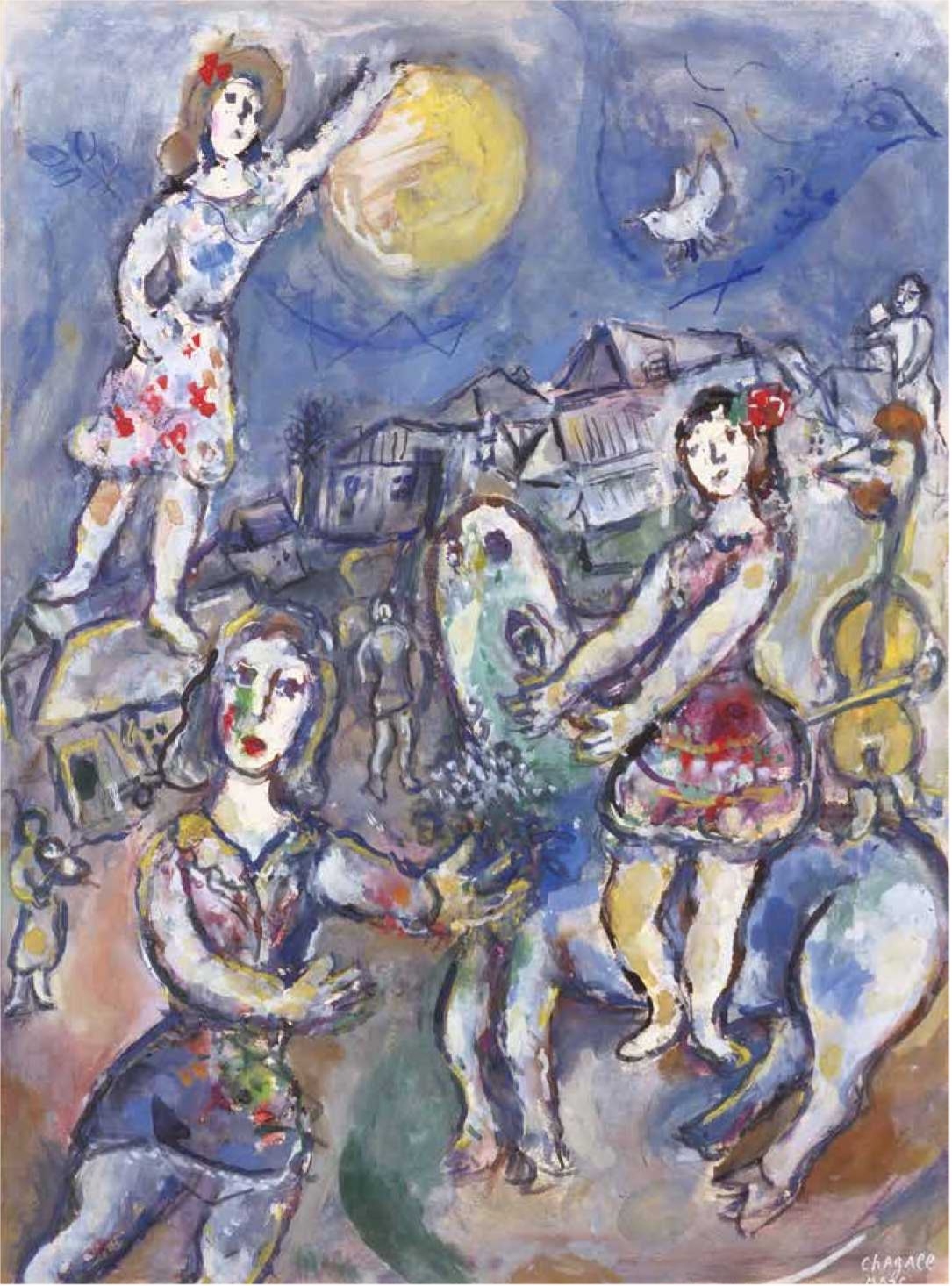 Tanzende Figuren in bunten Kleidern unter einem gro&szlig;en Mond, umgeben von einer l&auml;ndlichen Szenerie und Musikinstrumenten.
