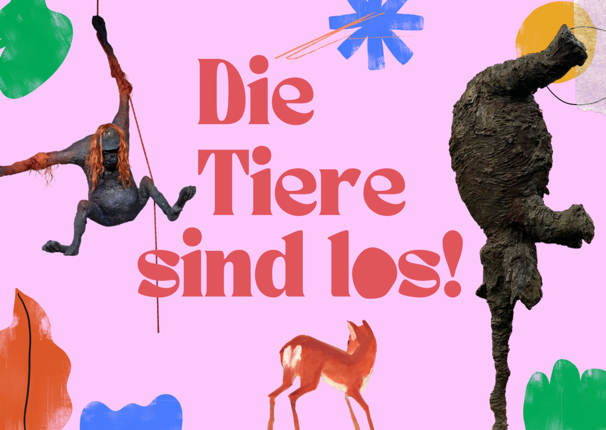 Bunte Collage mit Tieren, darunter ein schwingender Affe und ein h&auml;ngender B&auml;r, auf rosa Hintergrund mit Text.