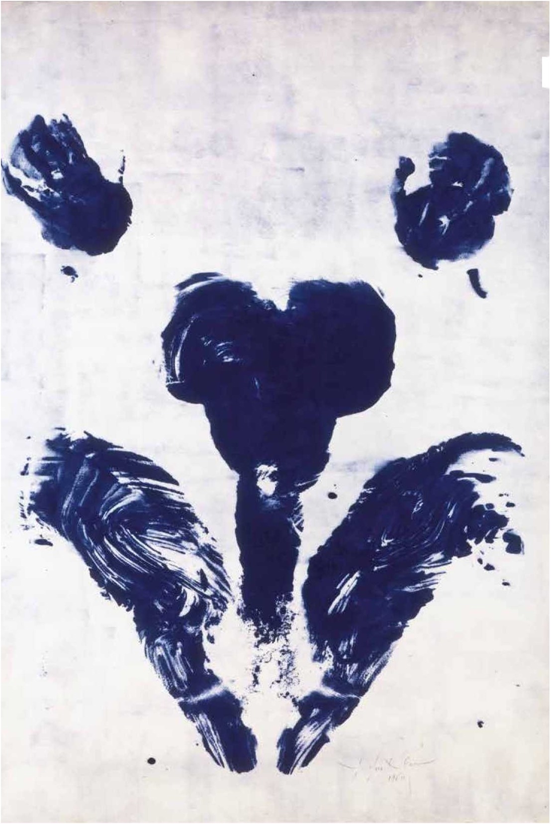 Abstract artwork featuring bold blue brushstrokes forming a symmetrical, face-like shape on a light background.