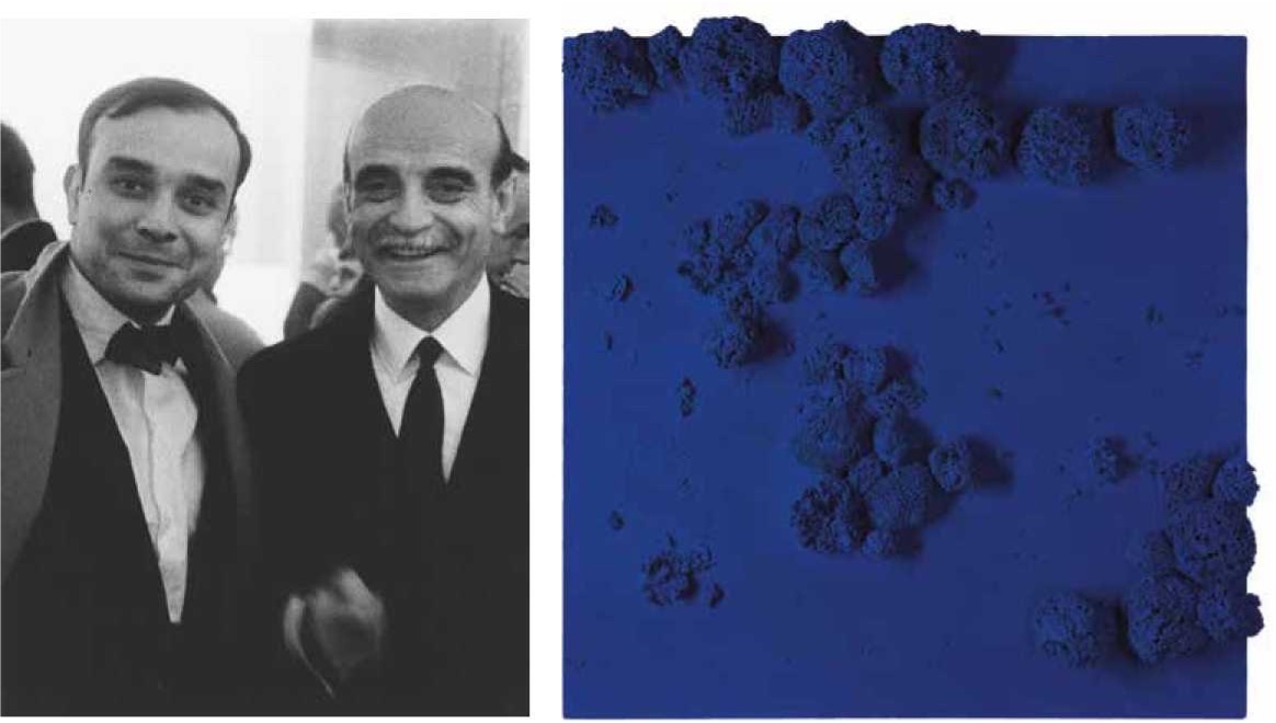 Yves Klein (on the left) and Lucio Fontana (on the right) in formal attire smile together on the left; on the right, a textured blue surface with dark blue clusters.
