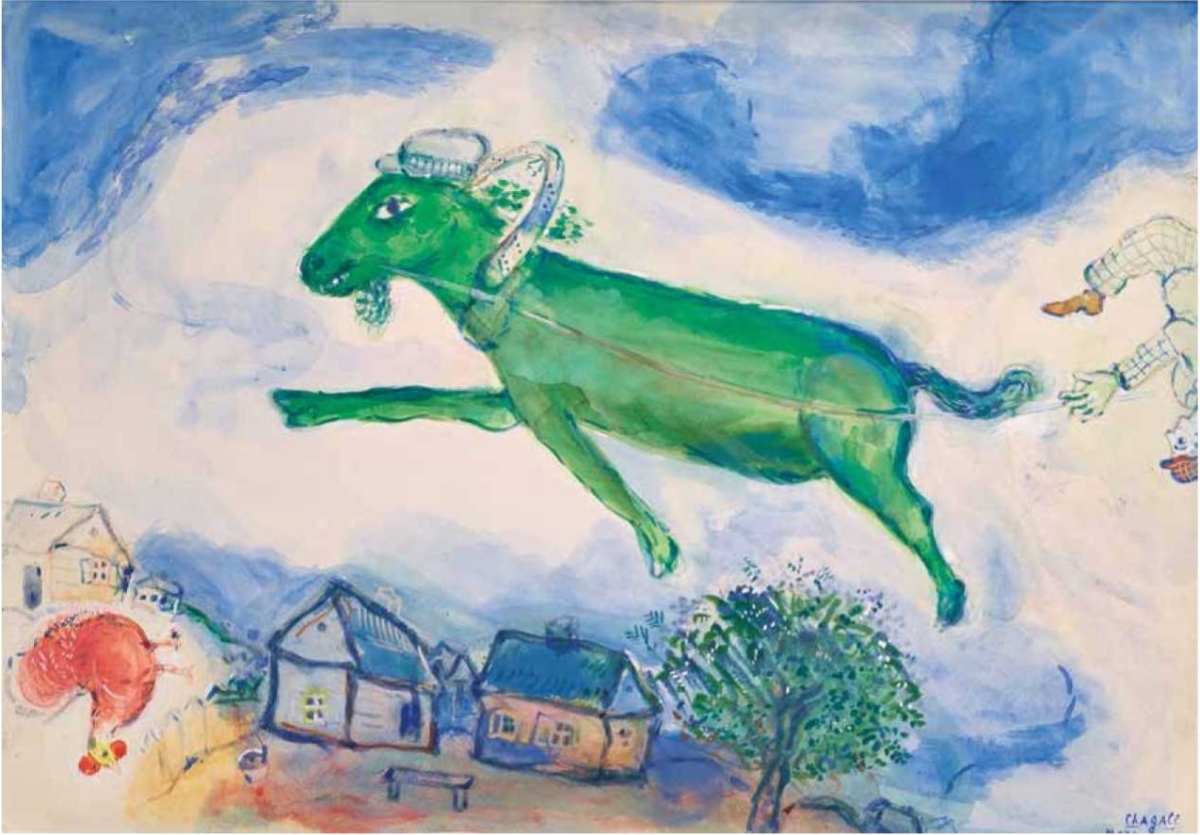 Gr&uuml;nes fliegendes Tier &uuml;ber einer Landschaft mit H&auml;usern, B&auml;umen und einer roten Figur. Himmel in sanften Blau- und Wei&szlig;t&ouml;nen.