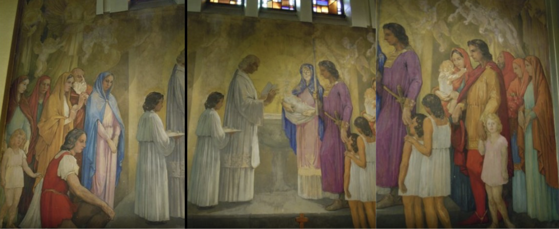 Religi&ouml;se Wandmalerei mit Personen in historischen Gew&auml;ndern, die eine Zeremonie in einer Kirche darstellen.