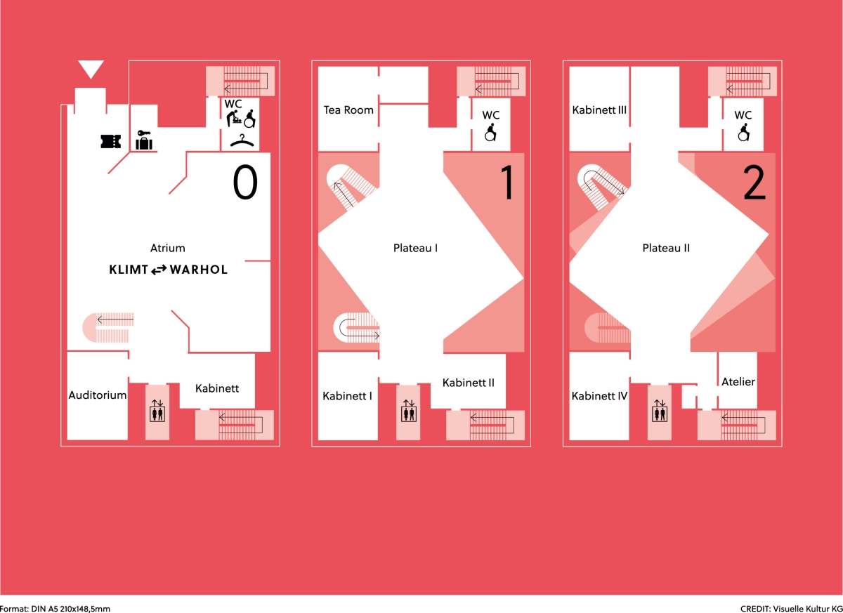 Floor plan with three levels labeled 0, 1, and 2, showing rooms, restrooms, and stairways on a red background.