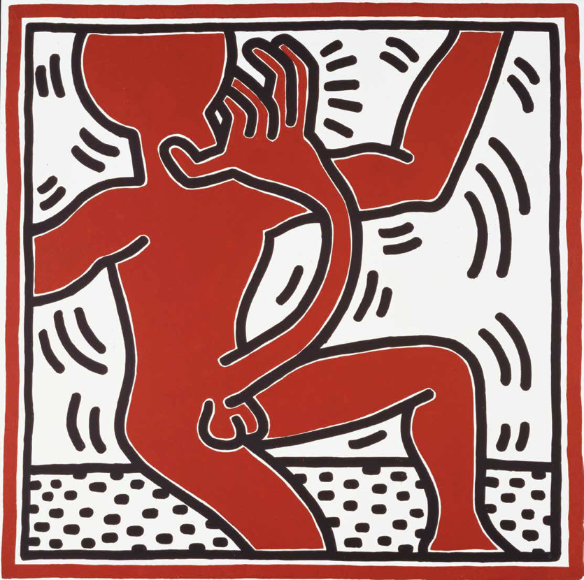Rote Figur mit erhobenen H&auml;nden und dynamischen Linien, umgeben von einem wei&szlig;en Hintergrund und gepunktetem Boden.