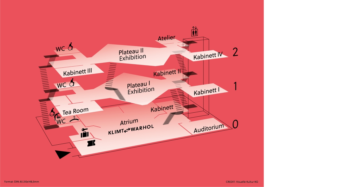 3D floor plan of Horten Collection, featuring exhibition areas, restrooms, a tea room, and an auditorium on a red background.
