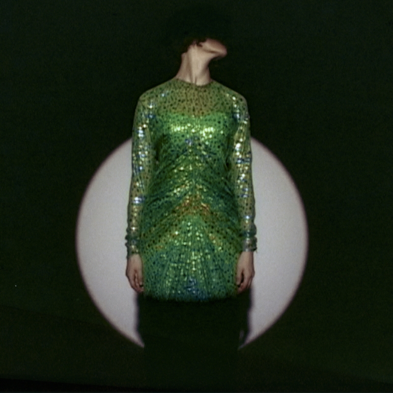 The picture shows a person in a green dress.
The dress is shiny and decorated with lots of sequins or glittering stones.
The person is standing in front of a dark background,
in which a round, bright circle of light, probably from a spotlight, can be seen

The person's head is tilted to the left,
so that the face cannot be seen.
This makes the picture mysterious and exciting.