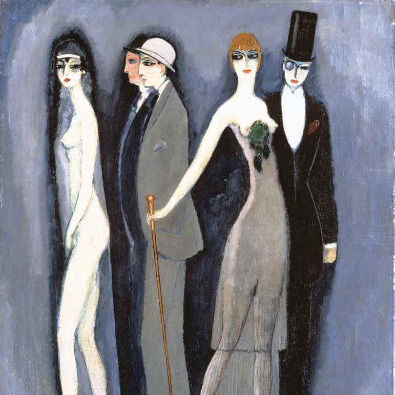 Vier stilisierte Figuren in eleganter Kleidung vor einem blauen Hintergrund, eine Frau in einem schlichten Kleid, drei weitere in Anzügen.