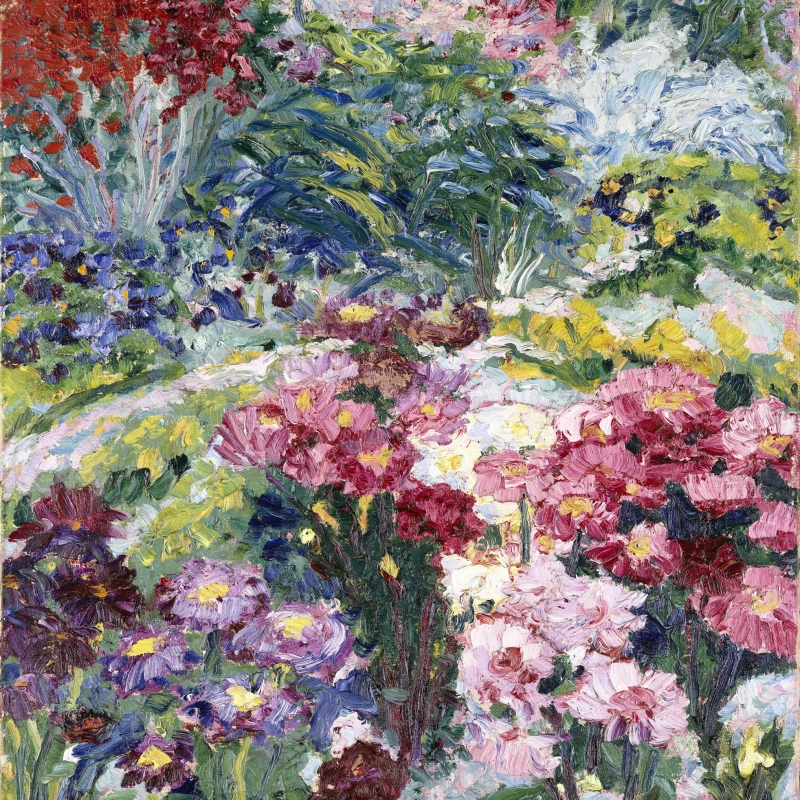 The picture shows a colorful flower garden. Red, pink, purple and yellow flowers are blooming everywhere. You can see them in dense groups - close together, like in a wild, lively garden.
The colors are strong and bright, with many thick brushstrokes. The flowers are not painted precisely, but rather with feeling and movement. You can see that Nolde was concerned with the mood - not with exact details.
More flowers and green leaves can be seen in the background.